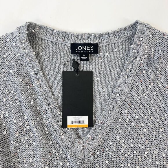 JONES NEW YORK Long Sleeve Knit Gray Sequin V-neck Sweater NWT - Picture 4 of 8